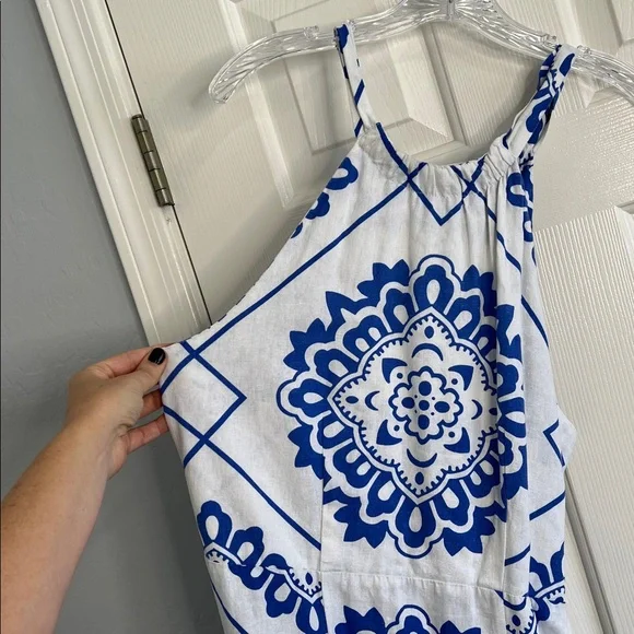 1.state revolve linen blue, white Portuguese tile print open back maxi dress Med - Picture 5 of 10